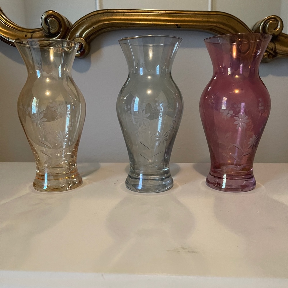 Royal Danube Etched Crystal Vases. (3) Blue, Rose, Gold color